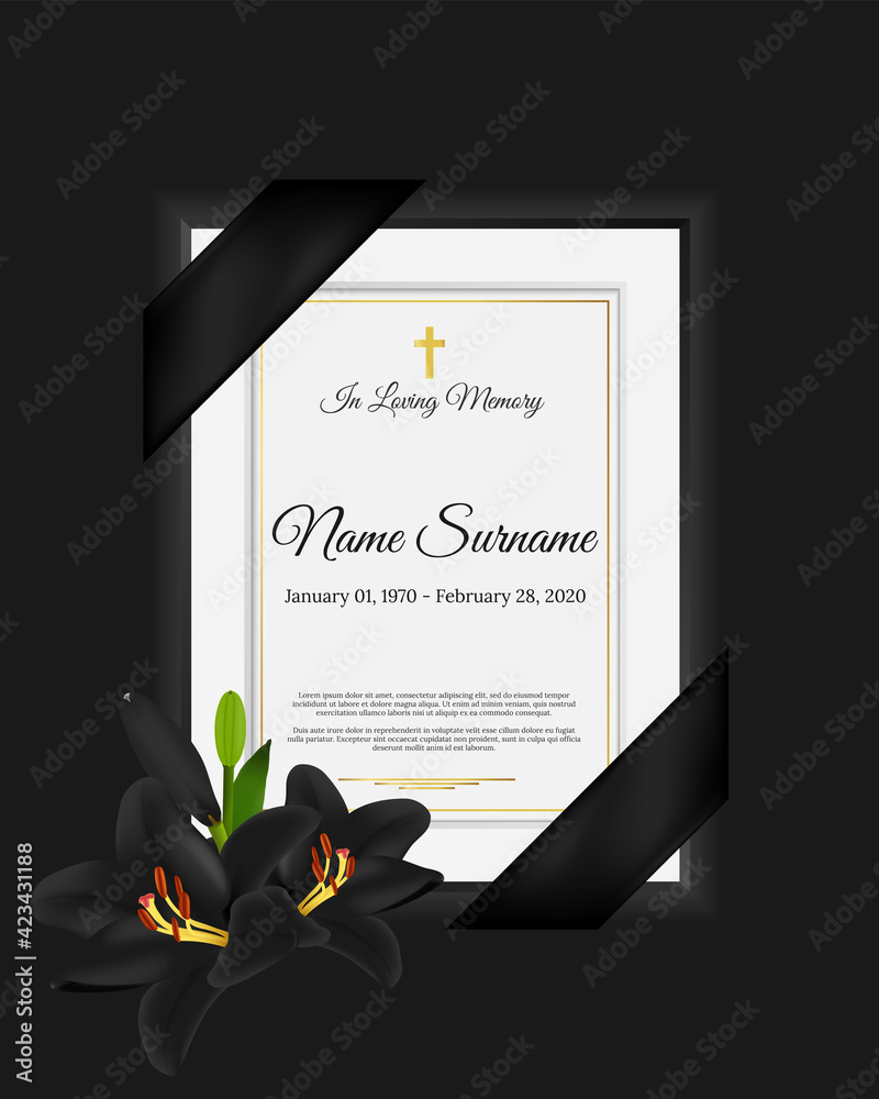Funeral photo frame with black ribbon and lily flower in corner, name