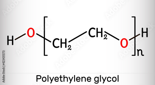 Polyethylene glycol, PEG, polyethylene oxide, PEO, polyoxyethylene, POE molecule. It is versatile polyether, E1521. Structural chemical formula and molecule model