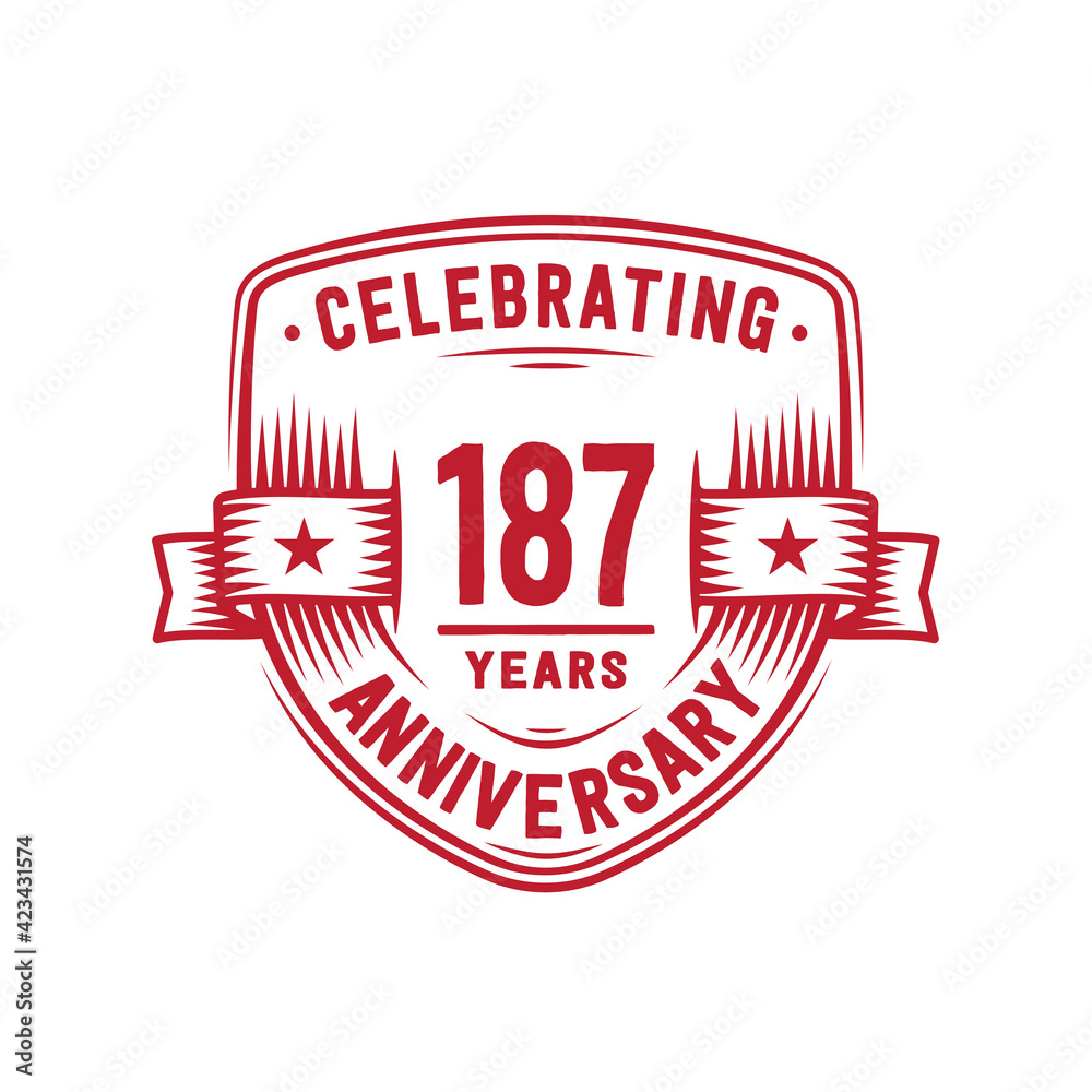 187 years anniversary celebration shield design template. 187th anniversary logo. Vector and illustration.

