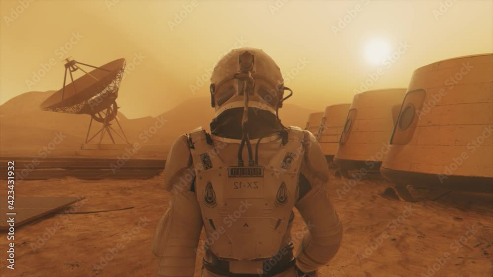 Astronaut on the planet Mars, making a detour around his base. Astronaut walking along the base. Small dust storm. The satellite dish sends data to the ground. Realistic 3D animation
