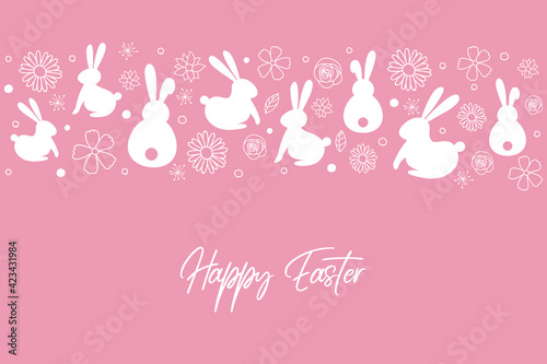 Easter greeting card with bunnies nad flowers. Vector
