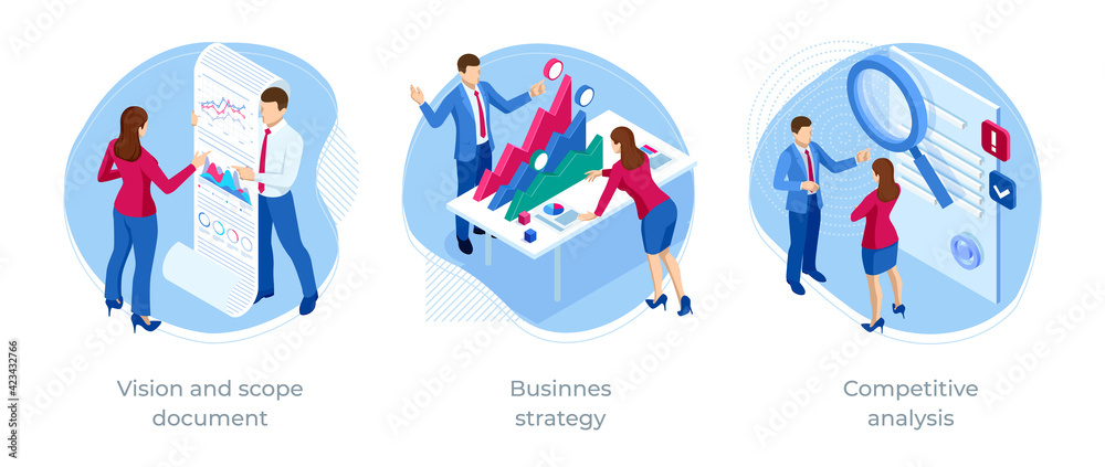 Fototapeta premium Isometric Competitive analysis, Businnes strategy, Vision and scope document. Expert team for Data Analysis, Business Statistic, Management, Consulting, Marketing.