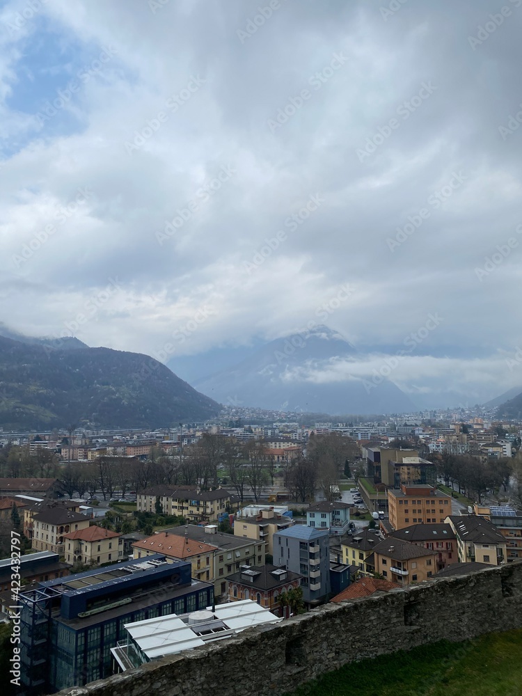 View of the city of Bellinzona, Switzerland. Panorama, mountain views.