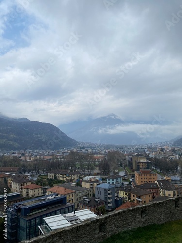 View of the city of Bellinzona, Switzerland. Panorama, mountain views.