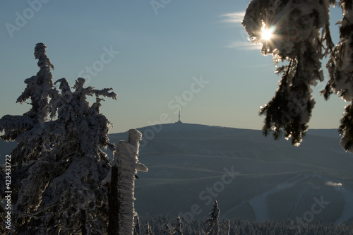 The top of the mountain in the morning. 
