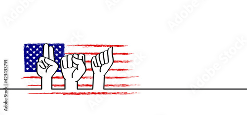 Deaf sign language, slogan USA. gestures hand, fingerspelling. Flat vector America quote.