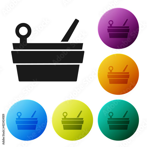Black Sauna bucket and ladle icon isolated on white background. Set icons in color circle buttons. Vector