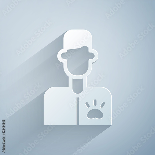 Paper cut Veterinarian doctor icon isolated on grey background. Paper art style. Vector