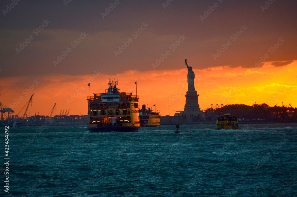 New York Harbor with the Staten Island ferry and Statue of Liberty