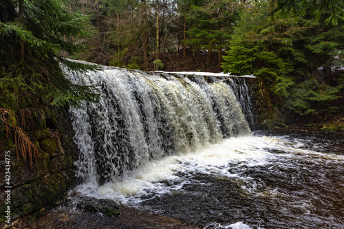 Cascade falls over mossy rocks