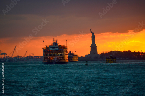 New York Harbor with the Staten Island ferry and Statue of Liberty