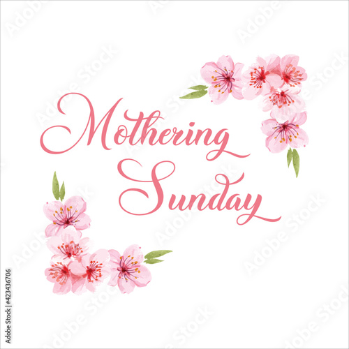 Mothering Sunday banner with cherry blossoms. Pink flowers over blue painted stripes on white. Mothering Sunday greeting card template  rectangular frame border with calligraphic text vector