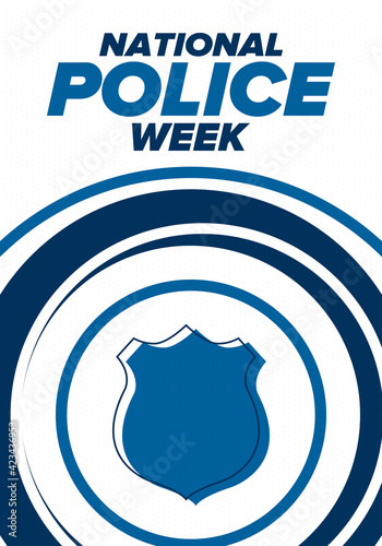National Police Week in May. Celebrated annual in United States. In honor of the police hero. Police badge and patriotic elements. Officers Memorial Day. Poster, card, banner. Vector illustration