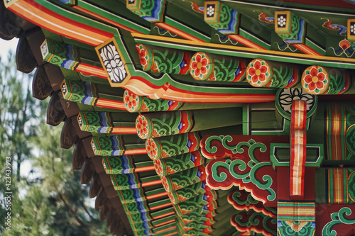 A gazebo with traditional Korean designs. Kiev Botanical Garden.