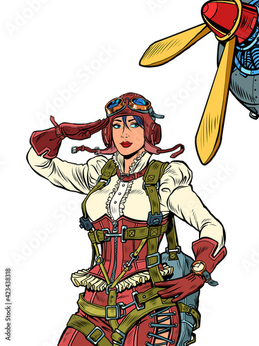 female retro pilot. professional military pilot Pop art retro illustration