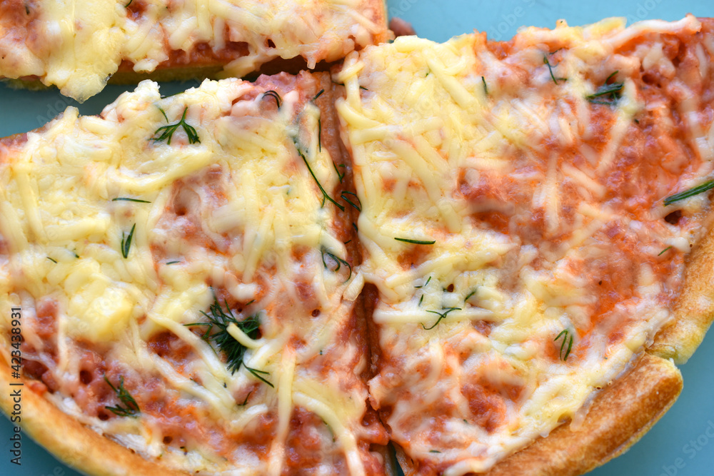 Cheap little pizza with cheese close-up on a plate Cheap little pizza with cheese close-up on a plate