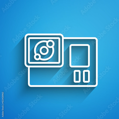 White line Action extreme camera icon isolated on blue background. Video camera equipment for filming extreme sports. Long shadow. Vector