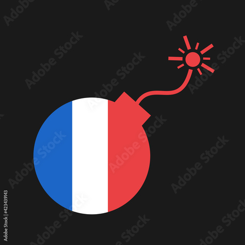 France and french flag as time bomb and explosive device during countdown - metaphor of fall, collapse, problem, trouble and danger. Vector illustration..
