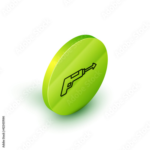 Isometric line Fishing harpoon icon isolated on white background. Fishery manufacturers for catching fish under water. Diving underwater equipment. Green circle button. Vector