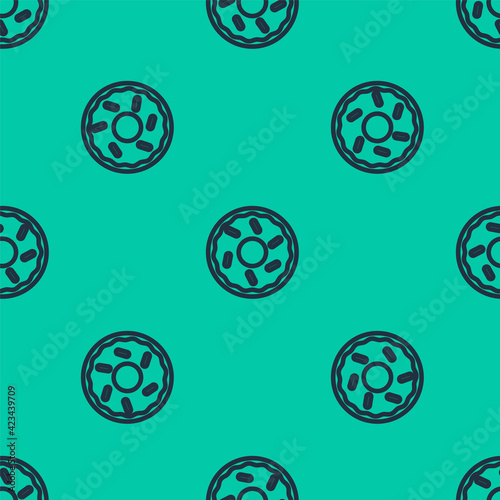 Blue line Donut with sweet glaze icon isolated seamless pattern on green background. Vector