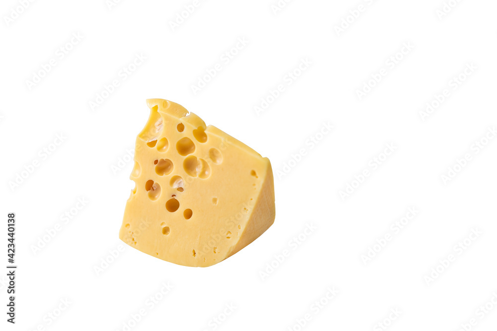 A piece of appetizing cheese with holes on a white background A piece of appetizing cheese with holes on a white background