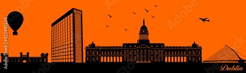 Vector city skyline silhouette - illustration, 
Town in orange background, 
Dublin Ireland photo