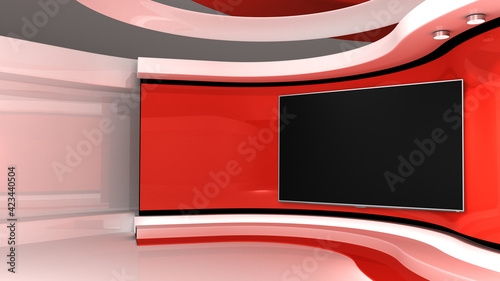 Tv studio. Red Studio. Red backdrop. News studio. News room. The perfect backdrop for any green screen or chroma key video or photo production. Breaking news. 3d rendering. photo