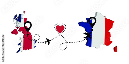 Travel from England to France by passenger plane. Airplane route. Freedom to travel. I love traveling by plane.