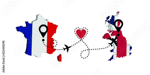 Travel from France to England by passenger plane. Airplane route. Freedom to travel.