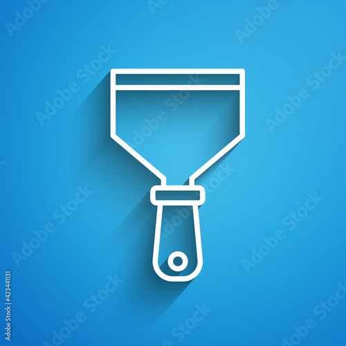White line Putty knife icon isolated on blue background. Spatula repair tool. Spackling or paint instruments. Long shadow. Vector