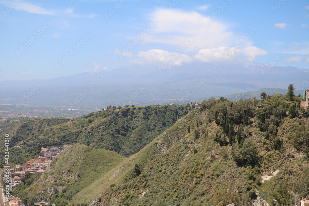 View from Giardini pubblici Taormina to vulcano etna  at Sicily, Italy