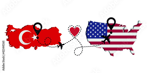 Travel from Turkey to USA by passenger plane. Airplane route. Freedom to travel. I love traveling by plane.