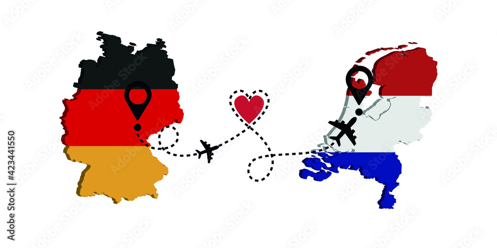 Obraz premium Travel from Germany to Netherlands by passenger plane. Airplane route. Freedom to travel. I love traveling by plane.