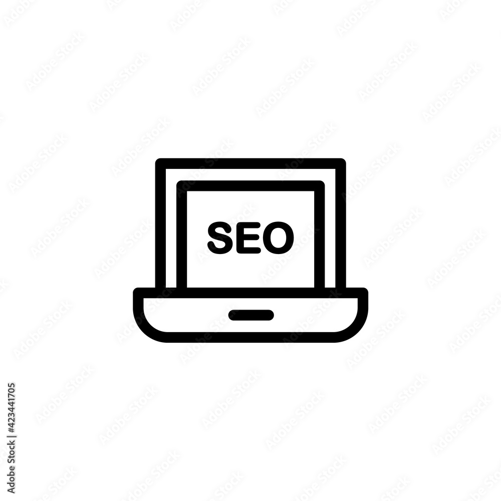 SEO icon for web-site of mobile application. SEO optimization icon. Laptop seo graph icon, outline style