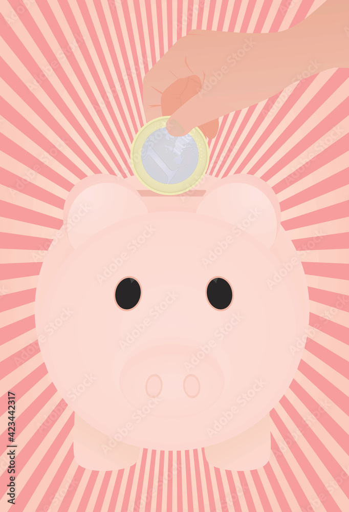 Fototapeta premium Hand put euro coin in piggybank. vector