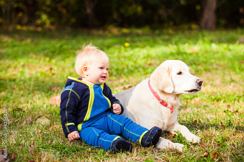 the happy baby on the lawn with his dog the happy baby on the lawn with his dog