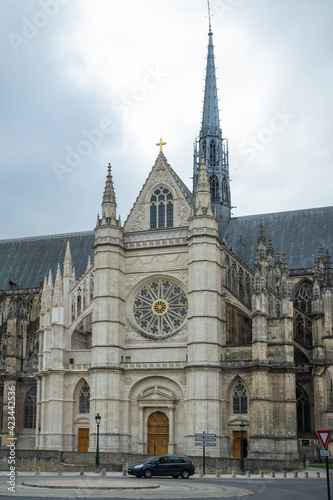 Architectural elements of the northern facade of the Gothic Cathedral of the Holy Cross in Orleans, France