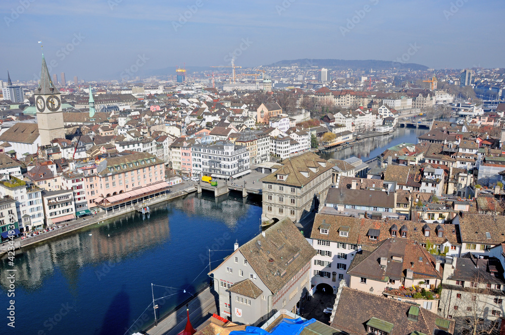 Panoramic view from the Grossminster-Tower to the old town of Zürich