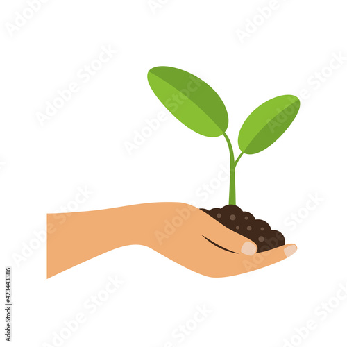 hand holding plant seedling or sprout with growth concept flat design