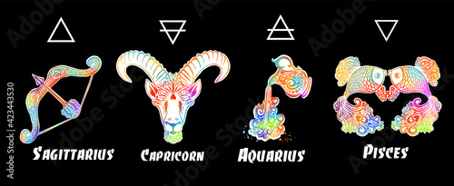 A set of zodiac signs. T-shirt print. Symbol for tattoo. Mixed media. Multi-colored objects. Elements of water, earth, fire and air. Vector illustration