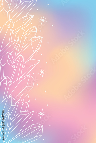 Vector blurred pastel banner with minimalistic isolated white outlines of healing magic crystals