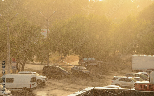 Sunset sunshower in the city. Heavy rain falling over city with summer sunset sun shining