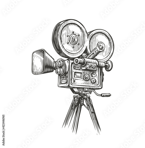 Old fashioned movie film camera sketch. Video production concept vintage vector illustration