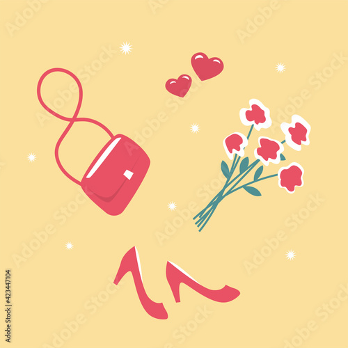 Romantic illustration of a set of female things. Ladies handbag, high heel shoes, a bouquet of flowers and hearts. Vector flat illustration © Mikhail Ognev