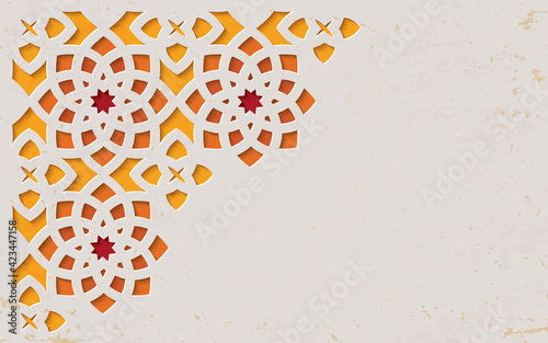 Grunge color ornamental patterned stone relief in arabic architectural style of islamic mosque,greeting card for Ramadan Kareem
