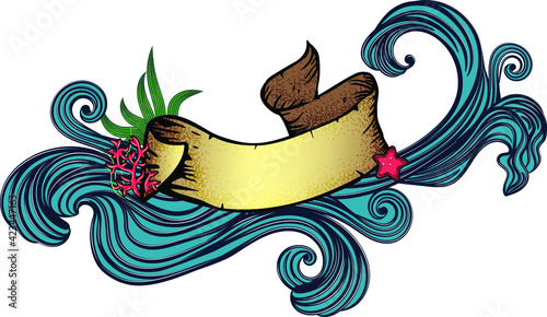 Beautiful summer banner template with ribbon, waves, plants and sea star. Vector illustration