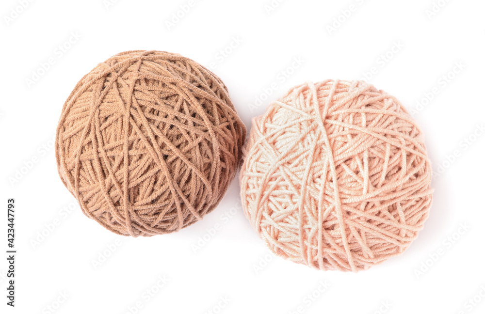 Soft colorful woolen yarns on white background, top view Soft colorful woolen yarns on white background, top view