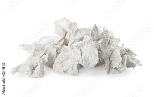 Crumpled sheets of notebook paper on white background
