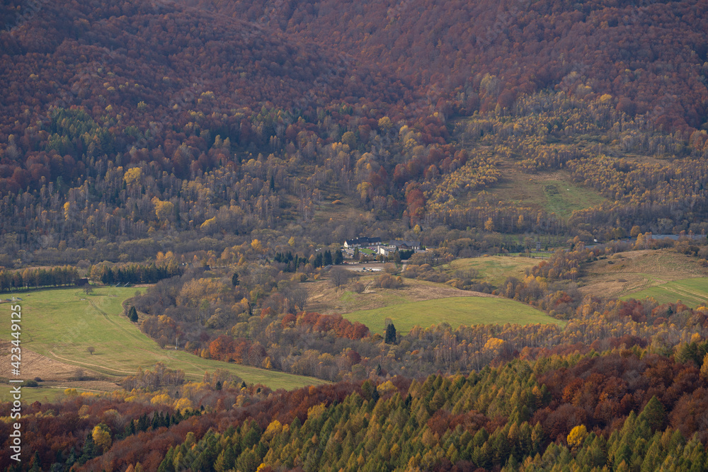 Autumn view at Wolosate village from Tarnica in Polish Bieszczady Mountains