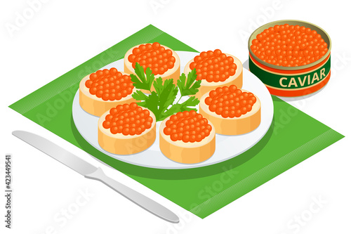 Isometric Salmon Red Caviar. Rye bread with butter and red caviar with lemon and dill as a sandwich. Raw seafood. Luxury delicacy food